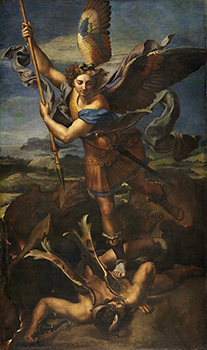 St. Michael Vanquishing Satan, oil transferred from wood to canvas, Raphael in 1518.