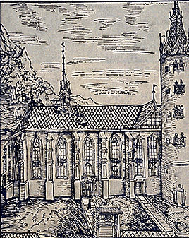 Woodcarving by Lucas Cranach the Elder (1472-1553) of the church at Wittenberg.