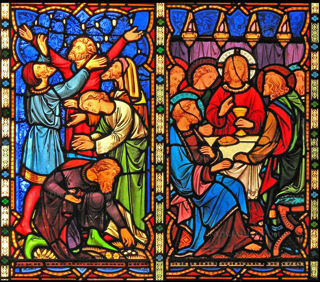 Manna and Bread depiction in stained glass.