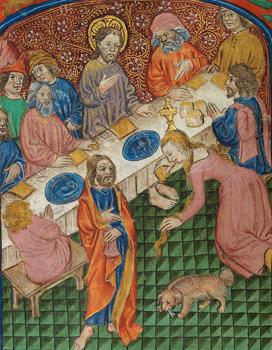 Mary anoints Jesus's feet.