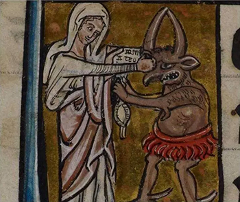 Medieval illuminated manuscript, Mary thumping the Devil.