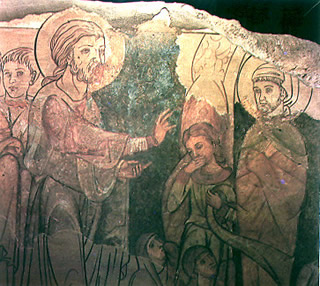 Jesus raises Lazarus: medieval fresco inside crusader chapel of Bethphage.