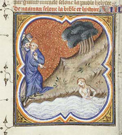 Naaman washes in the Jordan River, 12th century Germany.