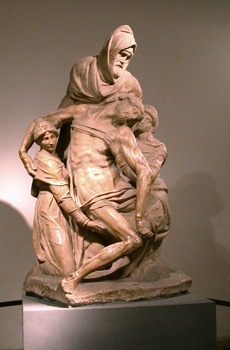 Nicodemus helps to take down Jesus's body from the cross by Michelangelo.