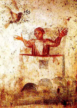 Catacomb fresco, Noah prays as the dove returns.