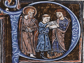 Decorated initial with Paul, Onesimus (delivering letter), and Philemon.