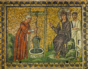 Samaritan woman at the well, 6th century mosaic, Ravenna, Italy.