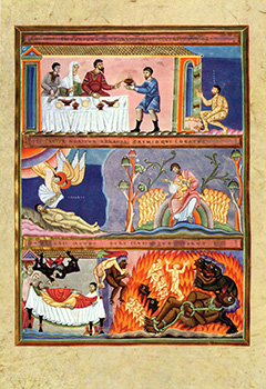 Lazarus and Dives, illuminated manuscript from the 11th century Codex Aureus of Echternach.