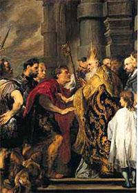 Saint Ambrose refuses Theodosius entrance to the Cathedral of Milan.
