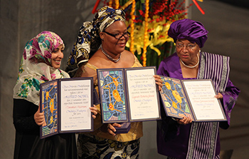 The Nobel Peace Prize awarded to Tawakkul Karman, Leymah Gbowee, and Ellen Johnson Sirleaf, 2011.
