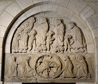 Temptation of Christ:, 12th-century Tympanum, Church of Errondo, Spain.