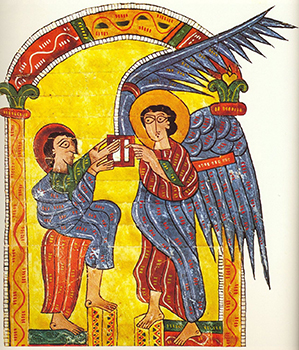 The angel gives John the letter to the churches of Asia, Beatus Escorial, Spanish illuminated manuscript, c. 950.