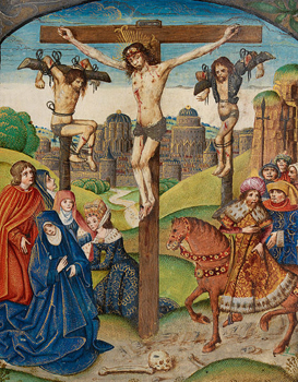 The Crucifixion of Christ on the cross between two thieves.