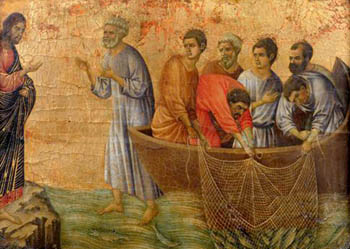 The Miraculous catch of 153 fish by Duccio, 14th century.