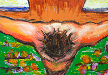 Top View, Crucifixion of Jesus Christ; colorful expressionism.