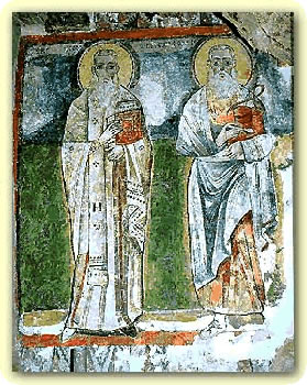 Wall painting of St. Barnabas and St. Luke, El-Souryan Monastery, Egypt, c. 9th century.