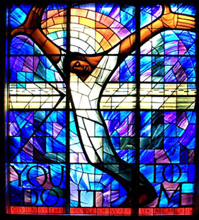 The "Welsh Window" at 16th St Baptist Church in Birmingham, AL. Stained glass depiction of the crucified Black Christ created and donated by John Petts in response to the 1963 KKK bombing at the church.
