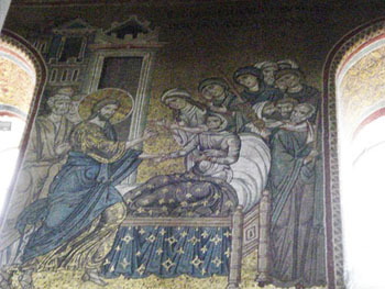 Raising the son of the widow of Nain, 12th century mosaic, Montreal Cathedral.