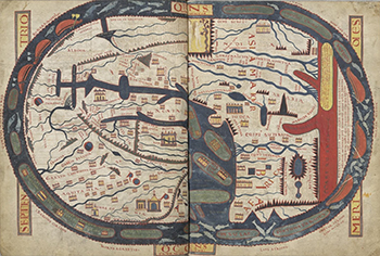 The world map from the Saint-Sever Beatus manuscript, 11th century. The map measures 37 x 57 centimeters.