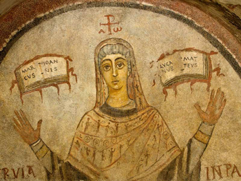 Flaming gospel books, fifth century fresco of Cerula in San Gennaro catacomb, Naples.