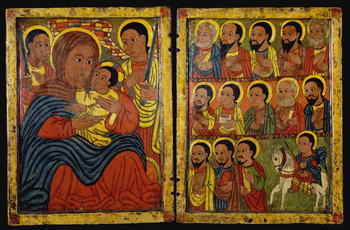 Diptych with Mary and Her Son Flanked by Archangels, Apostles, and a Saint, Ethiopia, 15th century.