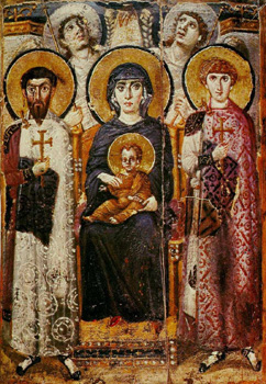 Virgin and Child with angels and Sts. George and Theodore. Icon from around 600, from St. Catherine's Monastery (Egypt).