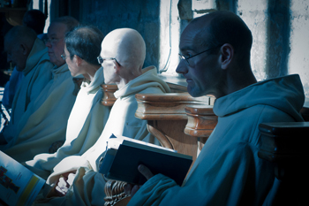 Monks of Pluscarden Abbey pray the hours.