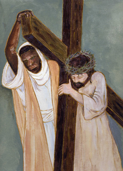 Simon helps Jesus carry his cross.