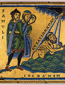Naaman washes in the Jordan River, 12th century Germany.